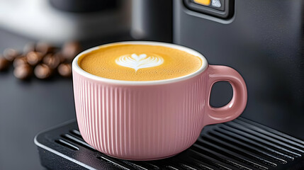 Pink cup of latte art coffee on machine