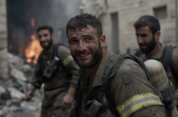 Fototapeta premium Firefighters covered in soot and debris work diligently amidst a chaotic scene. Flames rise in the background as they display determination and teamwork in their rescue efforts. Generative AI
