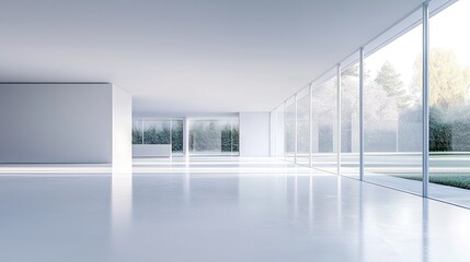 Fototapeta premium Minimalist white room with large windows and shiny floor.