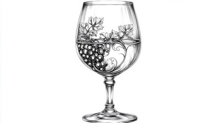 Ornate Wine Glass With Grapes And Leaves Design