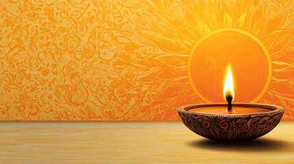 A lit candle sits in a bowl on a wooden table