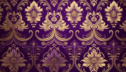Elegant Purple Wallpaper Showcasing Intricate Gold Damask Pattern, Adding a Luxurious Touch to any Space