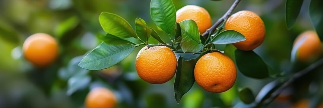 Closeup of ripe oranges on branch, vibrant citrus fruits, lush green leaves, sunlit orchard, botanical photography, fresh produce, orange grove, juicy tangerines, realistic textures, nature macro, sof