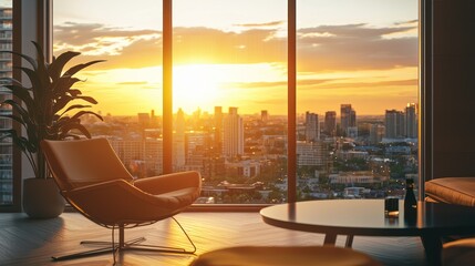 Fototapeta premium Sunset view from modern apartment living room.