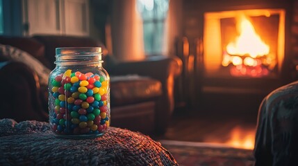 Colorful jellybeans in a mason jar by a fireplace.