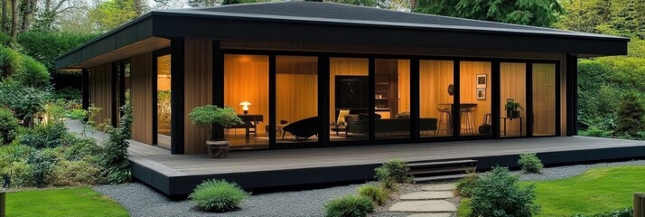 Modern garden office, wooden exterior, glass walls, minimalist design, lush green surroundings, outdoor deck, contemporary architecture, backyard studio, natural light, seamless indoor-outdoor transit