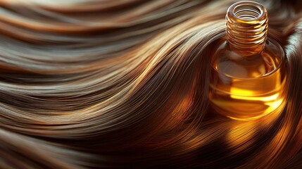 Golden hair oil bottle on flowing brown hair, studio shot, beauty product