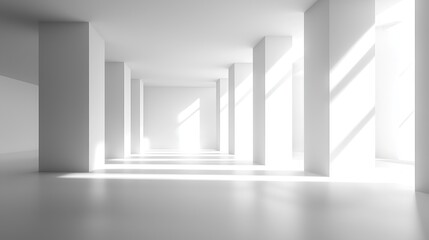 Sunlit modern white hallway with columns.