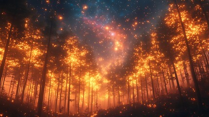 Fototapeta premium Night forest fire, starry sky, burning trees, digital art, fantasy