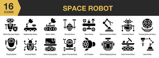 Space Robot solid icon set. Includes space robots icons, and More. Solid icons vector collection.