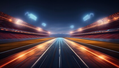 Obraz premium Nighttime Majesty Vivid Race Track Lights Illuminate a Realistic Scene under Crystalclear Sky, Showcasing a Thrilling Night Racing Experience