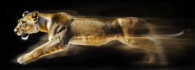 Obraz premium A dynamic shot of a lioness in mid-pounce, with intense focus and raw power captured in motion