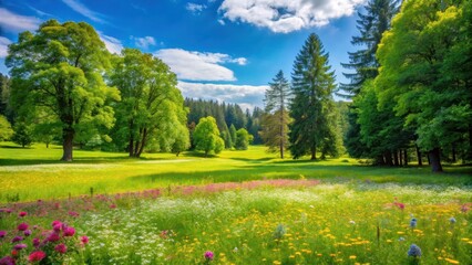 Naklejka premium A lush green grass field in a public park surrounded by tall trees and vibrant wildflowers, rural setting, public park