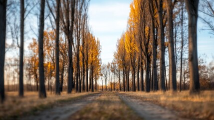 Fototapeta premium Serene pathway lined with golden autumn trees leading to a distant horizon under a clear sky