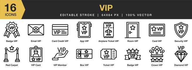 Vip icon set. Editable Stroke Icon Collection. Includes vip, luxury, exclusive, business, gold, card, and More. Outline icons vector collection.