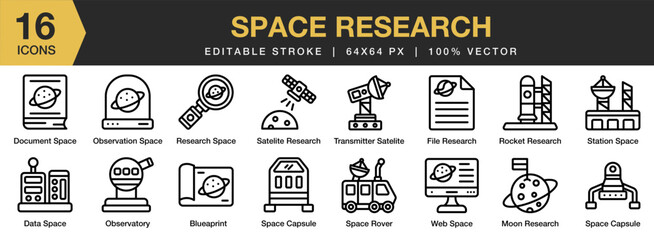 Space Research icon set. Editable Stroke Icon Collection. Includes exploration, satellite, universe, planet, rocket, and More. Outline icons vector collection. © spacepixel