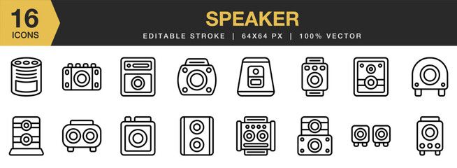 Speaker icon set. Editable Stroke Icon Collection. Includes speaker icon, and More. Outline icons vector collection.