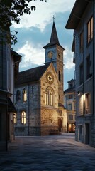 Naklejka premium Stone church at twilight, city scene