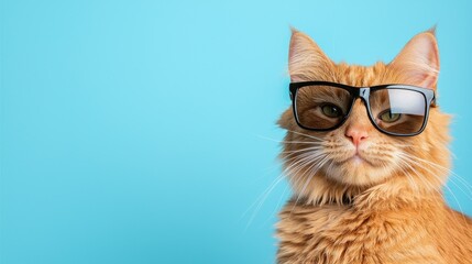 A fluffy ginger cat wearing sleek sunglasses against a pastel blue background, creating a stylish and playful vibe. Ideal for creative pet-related designs and trendy campaigns