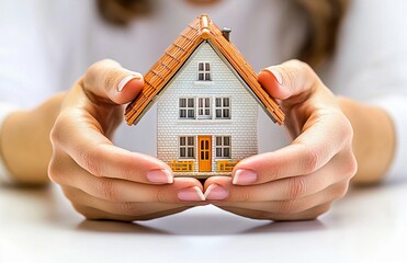 Hands holding a miniature house symbolizing real estate, homeownership, or property investment, ideal for marketing, financial services, and insurance visuals