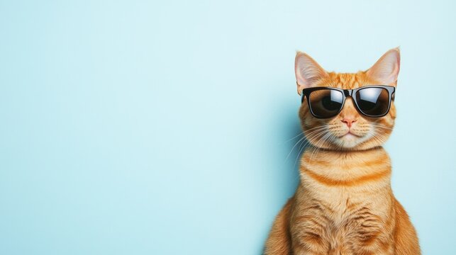 A ginger cat wearing stylish sunglasses against a pastel blue background, exuding charm and personality. Perfect for pet-themed designs and trendy campaigns