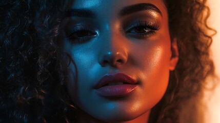 Fototapeta premium Close-up Portrait of a Person with Curly Hair illuminated by Neon Blue and Orange Lights
