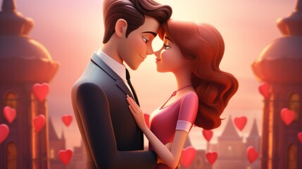 3D Cartoon Style Romantic Scene for International Kissing Day