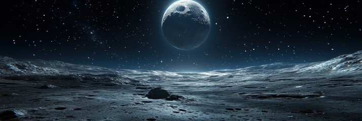 Desolate alien planet surface, barren rocky landscape, massive crescent moon looming in sky, starry space background, icy blue glow, distant mountains, dramatic lighting, cinematic wide view, science 