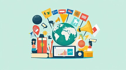 Global communication network; diverse team collaborates, data analysis, flags & megaphones surround earth; for website design