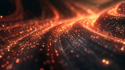 Fototapeta premium Abstract visualization of glowing particles and flowing lines, evoking a sense of motion.