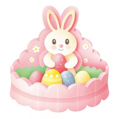 Obraz premium A cute cartoon bunny holds colorful Easter eggs in a decorative basket, surrounded by flowers in a pastel pink setting.