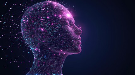 Obraz premium Digital head, glowing, data, network, dark background, AI concept