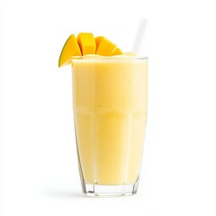 A refreshing mango coconut smoothie in a tall glass, isolated white background, minimalistic art style