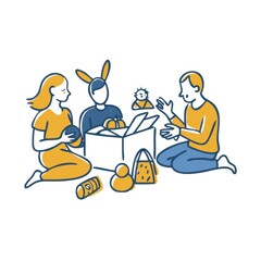 A family enjoys unpacking toys from a box while seated on the floor, sharing laughter and moments of playfulness together.