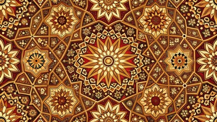 Fototapeta premium Traditional Moroccan textile pattern featuring interlocking geometric shapes and intricate floral motifs in a warm, earthy color palette with gold accents , vintage decorative, textiles