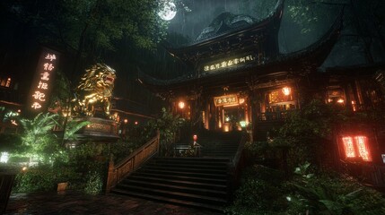 Golden Lion Guards Ancient Asian Temple in Rain
