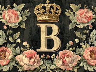 A decorative design featuring a crown and the letter 'B' surrounded by floral elements.