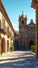 Fototapeta premium Stone church in a sun-drenched alley