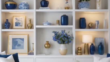 Modern Living Room with Stylish White Bookshelf, Decorative Vases, Gold Accents, and Framed Pictures Creating Focal Point