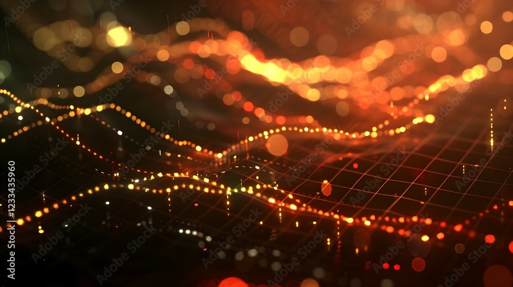 Poster abstract visualization of data with glowing lines and dots on a grid background.