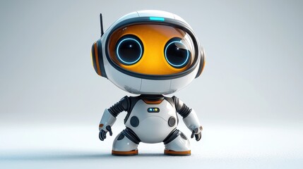 A cute, futuristic robot character with large expressive eyes and a friendly design.