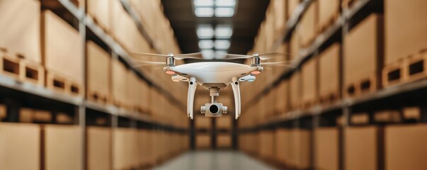 cargo management warehouse scheduling. Smart warehouse interior with drones and robots executing tasks based on a central scheduling system
