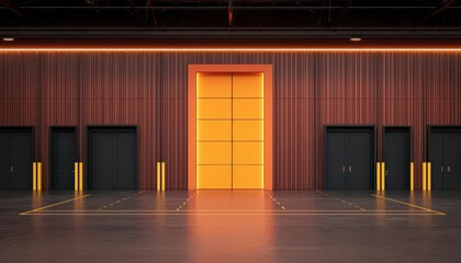 cargo management warehouse scheduling. Warehouse interior featuring a digital board with a timeline of cargo arrivals and departures, efficient scheduling concept