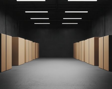 cargo management warehouse scheduling. Minimalist warehouse interior with glowing panels displaying scheduling and inventory updates