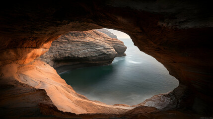 Coastal cave ocean view, sunrise light, sandy beach