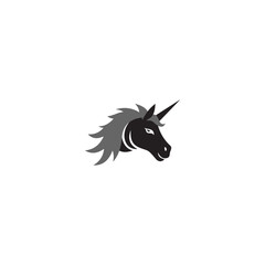 A stylized, graphic illustration of a unicorn head, facing right, in profile view, with a predominantly dark color scheme., The unicorn has a black or very dark grey coat, a grey mane and tail, and a 