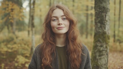 Naklejka premium Smiling Redhead Woman In Autumn Forest