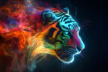Abstract tiger face, side view, formed entirely from swirling smoke and flickering fire