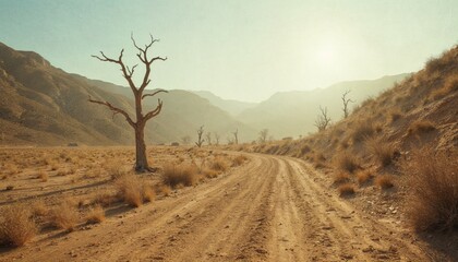Dry desert landscape with a dirt road and dead trees. Concept of drought, climate change, and environmental issues.