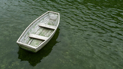 Obraz premium Old rowboat floats on calm green lake